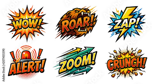 Vibrant comic style vector illustration set featuring expressive sound effects and dynamic graphic symbols for exciting storytelling and artistic projects