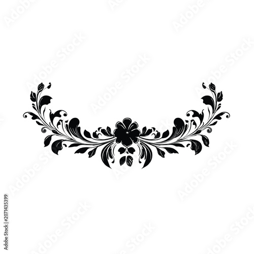 Scroll ornament presents a central black flower flanked by delicate sweeping leaves and vine motifs that offer a graceful aesthetic for luxury branding or custom artistic layout projects.