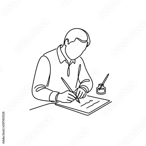 Calligrapher writing with dip pen and inkwell, continuous line art man signing contract, concept of copywriting, blogging and premium branding