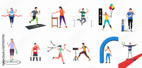 Canvastavla Collection of diverse runners participating in and winning marathons, featuring finish line crossings, hydration stations, medals, and celebrations