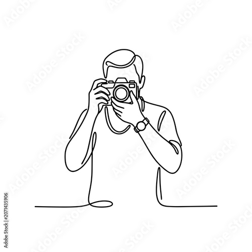 Photographer holding camera taking picture, continuous line art man shooting looking through lens, concept of vision, focus and content marketing
