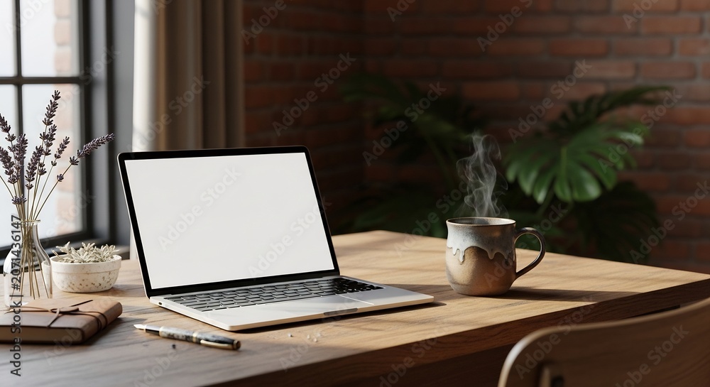 Fototapeta premium Open laptop with blank white screen and steaming mug on wooden desk in home office.