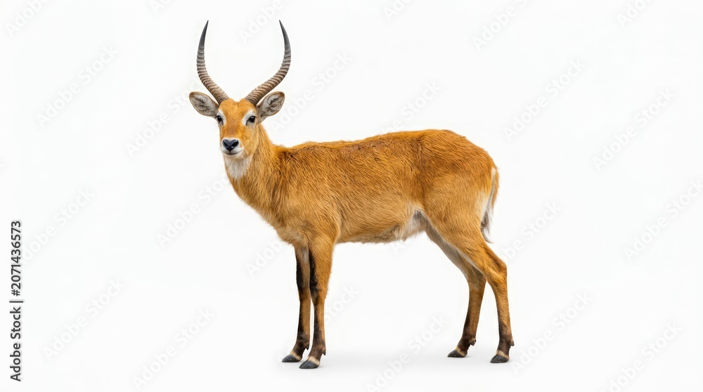 Obraz premium A majestic male antelope with long, curved horns stands proudly, showcasing its rich reddish-brown coat. The creature is captured in a studio portrait, highlighting its elegant form and wild beauty