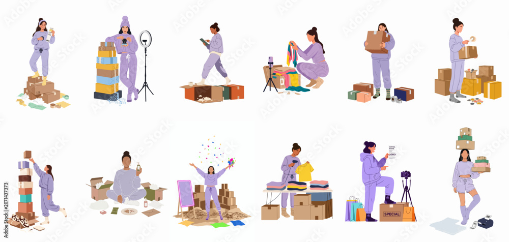 Fototapeta premium Vector illustrations of female entrepreneurs managing e-commerce businesses, packing boxes, taking product photos, and shipping orders for online retail success.