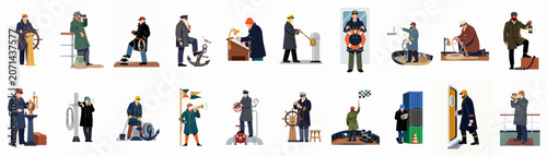 Fotografie Set of flat vector illustrations depicting sea captains and sailors performing various maritime duties and tasks on a ship