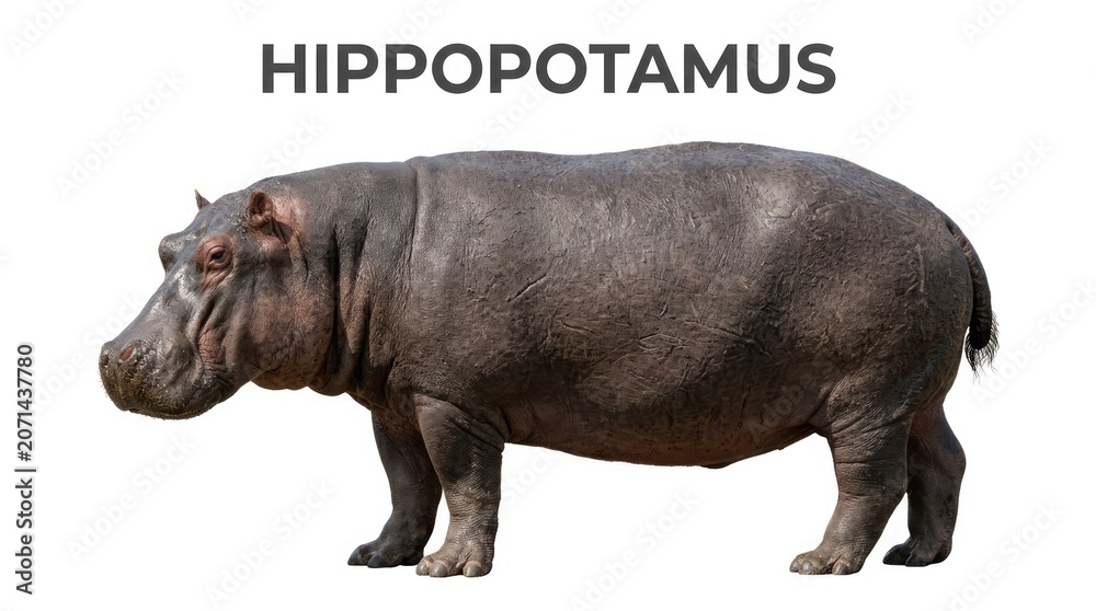 Fototapeta premium A large hippopotamus standing with its mouth closed and head turned slightly to the left. The word Hippopotamus is displayed above the animal