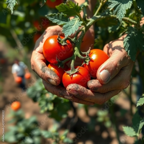 Hands hold ripe red tomatoes in a farm field on a sunny day where workers harvest crops in the background