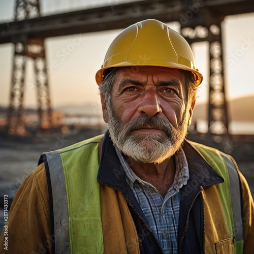 Worker in hard hat stands at construction site during sunset near the water