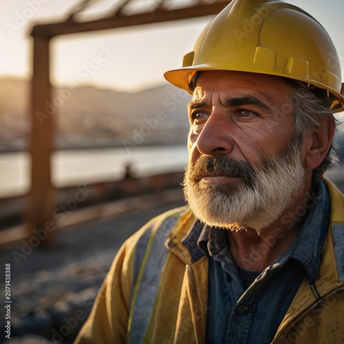 Worker on construction site during sunset in city near water with focus on expression and hard hat
