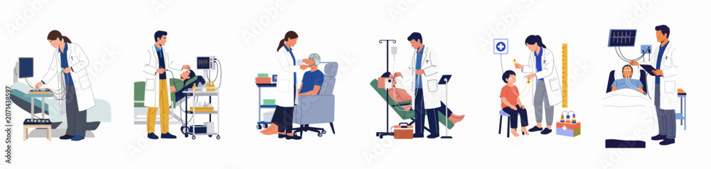 Obraz premium Vector illustration set showing medical professionals performing EEG brain monitoring and neurological diagnostic tests on adult and child patients in a clinic.