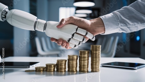 Robotic hand and human hand shaking near stacks of coins in a modern office setting
