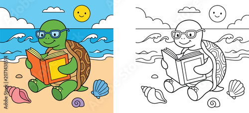 Cute turtle wearing glasses reading a book on the beach vector illustration and coloring book page for kids, summer activity sheet template