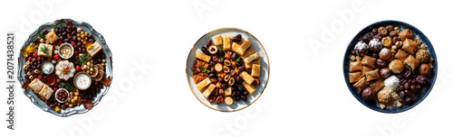 A circular arrangement of various Middle Eastern sweets and dates is depicted against a transparent background