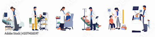 Vector illustration set showing medical professionals performing EEG brain monitoring and neurological diagnostic tests on adult and child patients in a clinic.
