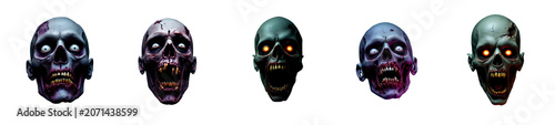 A close-up, head-and-shoulders shot of a zombie's head is presented against a stark transparent background