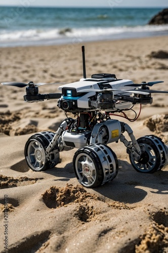 Robot vehicle explores sandy beach area during bright sunny day near ocean