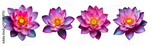 A close-up, studio shot features a vibrant pink lotus flower against a stark transparent background