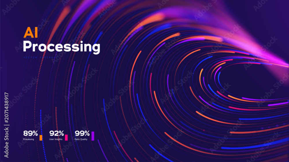 Naklejka premium AI Processing Abstract Background With Glowing Data Flow, Neural Network And Digital Technology Waves In Purple Neon Colors. Advanced AI Solutions Big Data Analytics. AI Systems. Vector Illustration.
