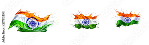 A dynamic splash of water forms the shape of the Indian flag, with the saffron, white, and green colors clearly visible