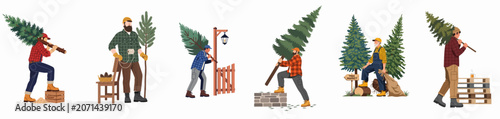 Foto Vector illustration set of men and lumberjacks carrying, selling, and preparing Christmas trees for the winter holiday season, isolated on a white background