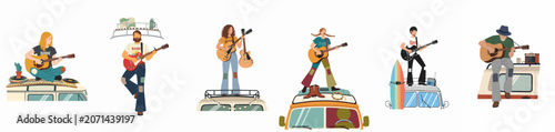 фотографія Collection of various guitarists playing on the roofs of vintage camper vans, highlighting a nomadic, musical, and free-spirited lifestyle