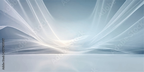 Fotografi Abstract light fabric flowing and undulating in a gentle breeze, creating ethereal waves of soft white and light blue hues, evoking a sense of calm and elegance