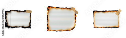A torn and burnt piece of lined paper is centered against a black background. The paper has irregular on transparent background