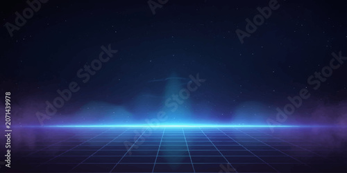 Tableau sur toile A glowing neon grid floor recedes into a smoky, futuristic abyss, illuminated by a vibrant blue light beam emanating from the center, creating an abstract, sci-fi atmosphere