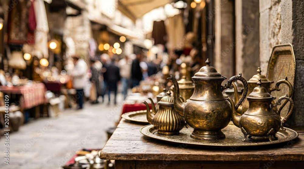 Fototapeta premium Vintage brass teapots displayed on a table at a traditional outdoor market