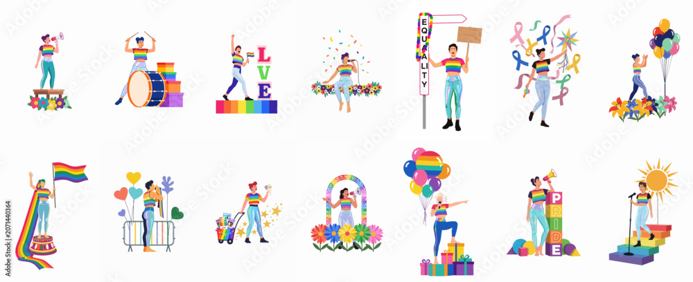 Fototapeta premium Comprehensive collection of flat vector illustrations featuring diverse people celebrating LGBTQ+ pride with flags, megaphones, balloons, and symbols of equality and love.