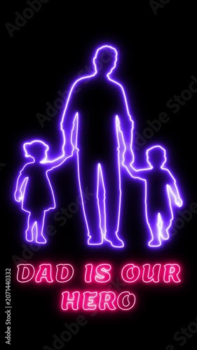 Neon illustration of a father and two children standing together, and with text 