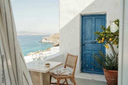 A white terrace with a blue wooden door, a small table with wine glasses, a carafe, and a potted lemon tree overlooking the turquoise sea