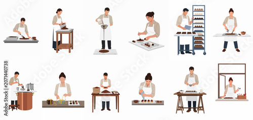 Schilderij op canvas Flat vector illustration set of professional chocolatiers and pastry chefs handcrafting artisanal chocolates, truffles, and desserts in various stages of production