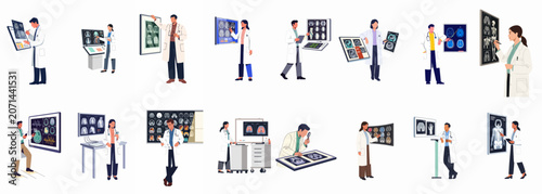Set of doctors and radiologists examining medical scans like X-rays and MRIs on digital screens in a professional healthcare environment.