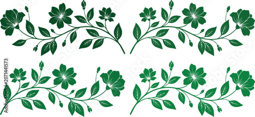 Elegant green floral border vector set, decorative botanical flourish design element, natural leaf and flower ornament for wedding invitations, spring events, and organic branding.