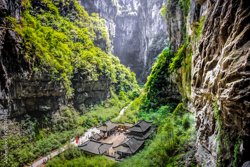 viewpoint of Wulong Karst Three Natural Bridges Located in Chongqing, China, it is a 5A-level natural World Heritage Site, notable for its karst landscape, including massive sinkholes 300-500 meters d