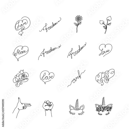 Minimalist one-line art collection featuring handwritten words, floral elements, hearts, hand gestures, and fantasy unicorn illustrations. Elegant continuous line drawings
