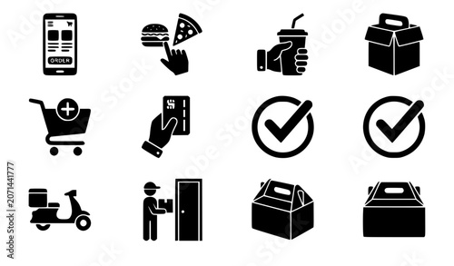 Fotografie Online fast food ordering and restaurant delivery service solid glyph icons set