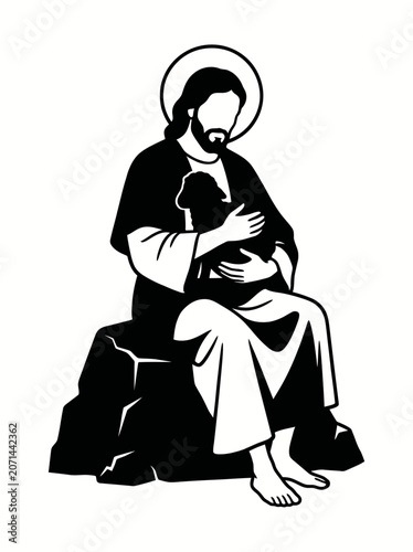 Jesus Christ Sitting on a Rock Holding a Lamb Silhouette