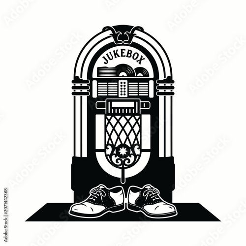 Vintage Jukebox Silhouette with Retro Saddle Shoes, 1950s Style Graphic Illustration