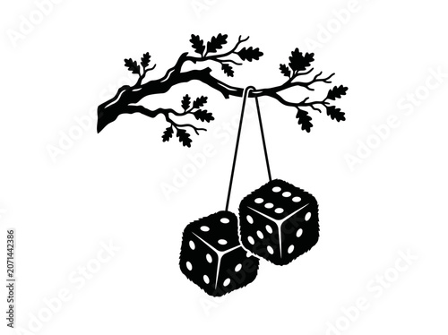 Retro Fuzzy Dice Hanging from an Oak Tree Branch, Black and White Graphic Illustration