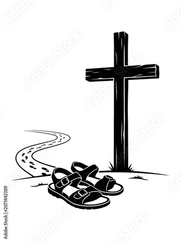 Religious Journey Illustration with Cross, Sandals and Path