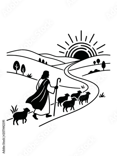 Jesus Christ Leading Sheep Towards Sunrise Silhouette Illustration