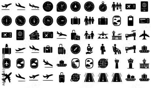 Canvas Print Airport travel and aviation mega black solid icon bundle featuring airplanes dia