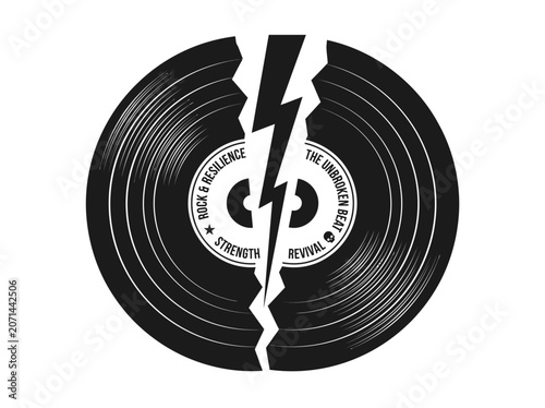 Broken Vinyl Record with Lightning Bolt and Rock Music Text Silhouette