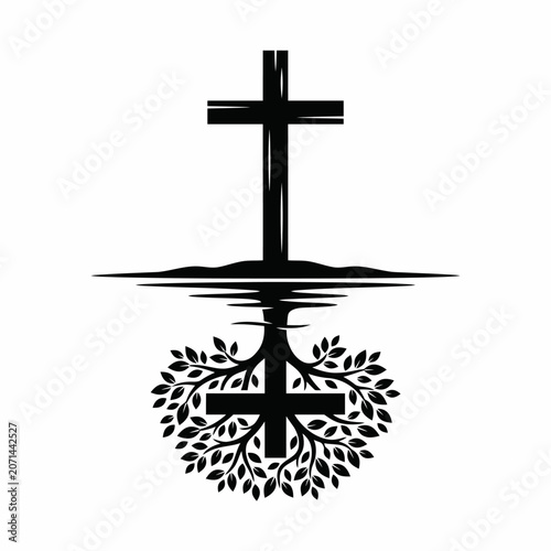Christian Cross with Tree Roots Reflection Silhouette Illustration