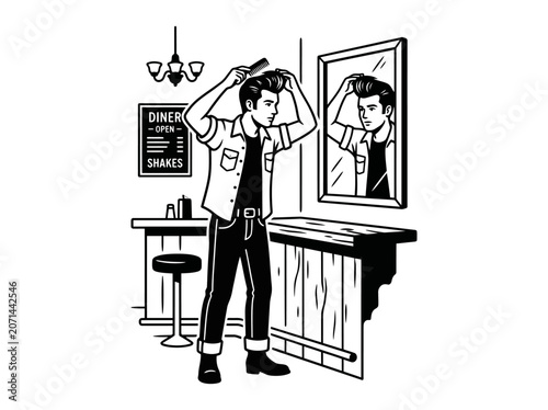 Vintage Style Illustration of a Man Combing His Hair in a Diner Mirror
