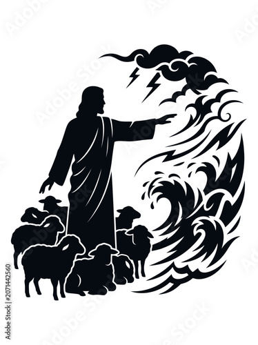 Jesus Christ Calming the Storm with Sheep Silhouette Illustration