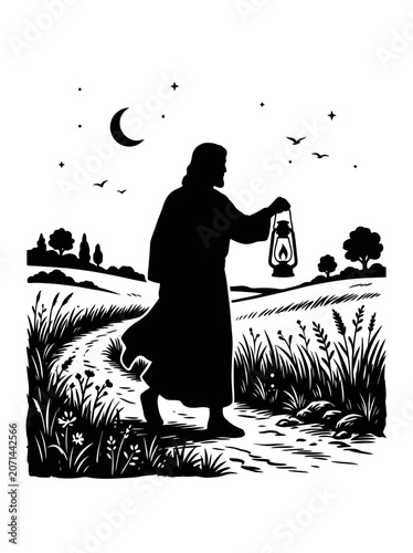 Silhouette of a Man with a Lantern Walking Through a Field at Night