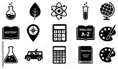 Bild auf Leinwand School subjects and science education black solid icon set featuring laboratory